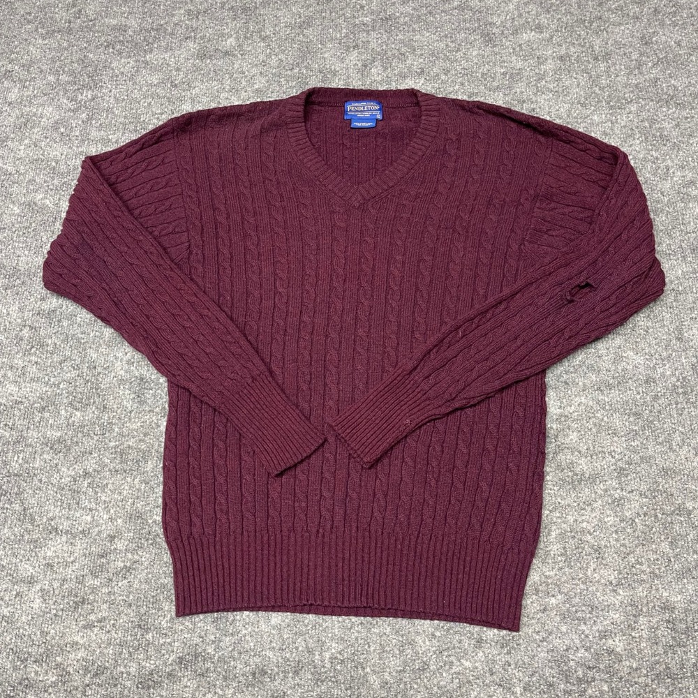 Pendleton Sweater Mens Large Burgundy Red V-Neck Cable Knit‎ 100% Lambswool FLAW